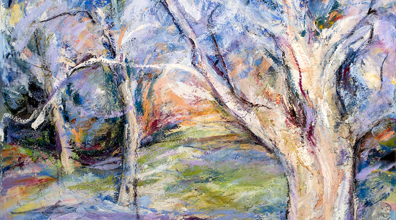 Photo of artwork featuring soft colours depicting two trees without leaves