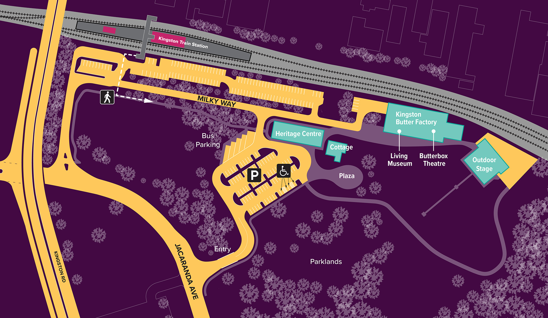 Map showing the location of Kingston Butter Factory Cultural Precinct