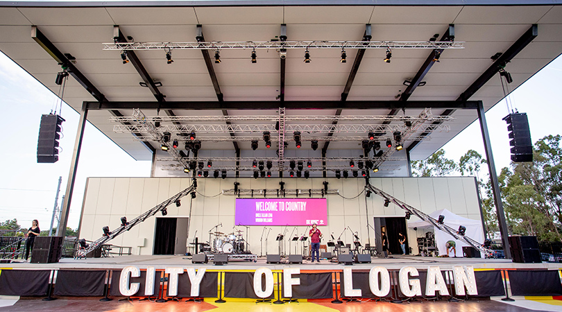 wide view of outdoor stage set up at Kingston Butter Factory