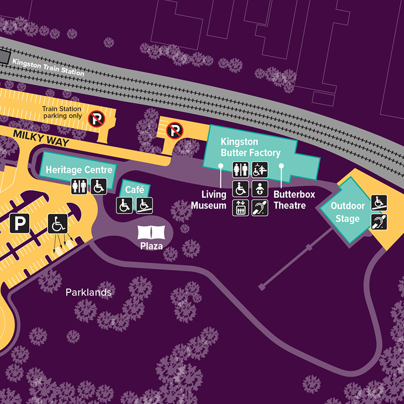 Map showing the location of each building at Kingston Butter Factory Cultural Precinct