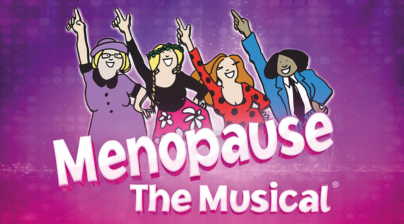 Cartoon image of four older ladies with one arm up in air and other on one hip. Menopause the Musical.