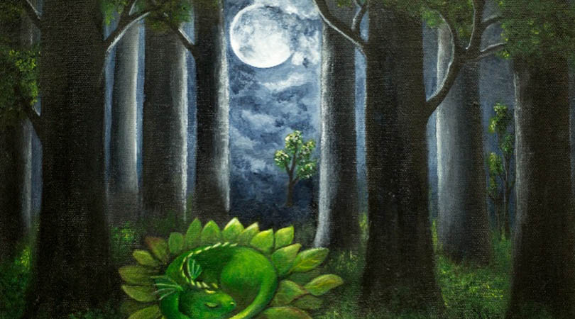 Two dragons -a mother and baby, sleep on the ground in the middle of a forest.