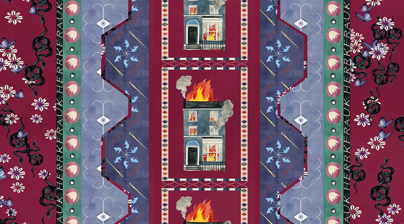 Very colourful picture, floral pattern with snakes, butterflies, rats, eyes, text and houses on fire.