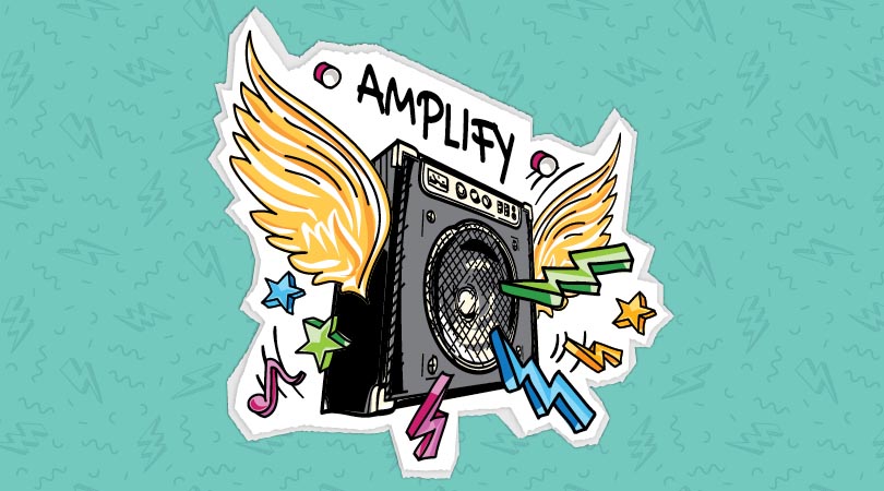 Cartoon image of a speaker with angel wings, coloured lightning bolts and musical symbols on a green background with the word Amplify above the speaker